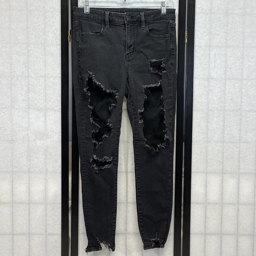 American Eagle Next Level Stretch Destroyed Jeggings Skinny Denim Jeans Black 8